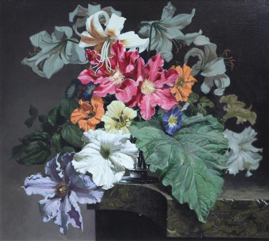 § Bennett Oates (1928-2009) Lilies with Petunias and Clematis, 16 x 18in.